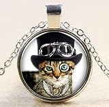 Unique Necklace Glass Bronze Chain Necklace Cat Picture Vintage Pendant Necklace 1PCS
