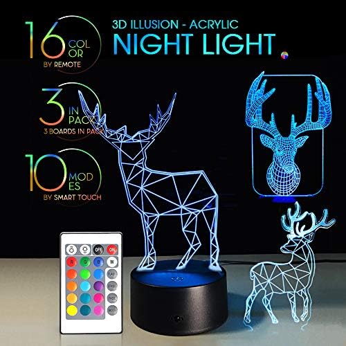 3 in 1 3D Night Light Remote Control with 7 Colors Display Optical Illusion Nursery Lamp Birthday Gift X'Mas Creative Lights Touch Button Elk Sika Deer Long Horn (Deer 3IN1)