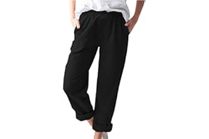 Uillui Pants for Women Casual Comfortable Straight Pants Cotton Linen Elastic Waist Slacks Trousers Loose Fit Wide Leg Pants