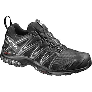 Salomon Men's XA Pro 3D GTX Trail Running Shoes in black with grey accents, featuring a durable sole and quick-lace system for trail running