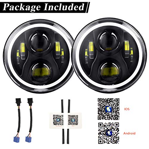 DOT Approved 7'' LED Headlight RGB Halo Ring Angle Eye Bluetooth Remote Control for 1997~2018 Jeep Wrangler JK TJ LJ CJ Sahara Sport Rubicon Willys Hummer H1 H2 2 Years Warranty