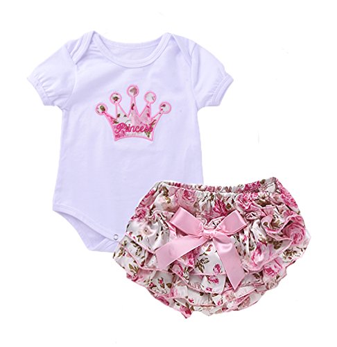 Sweet Newborn Baby Girls Crown Romper+Floral Ruffles Shorts Outfits Clothes Set (L(12-18M))