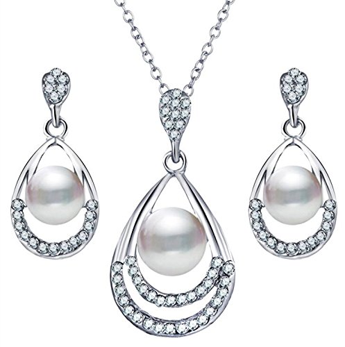 Diamond crystal drop pearl jewelry set (Silver)