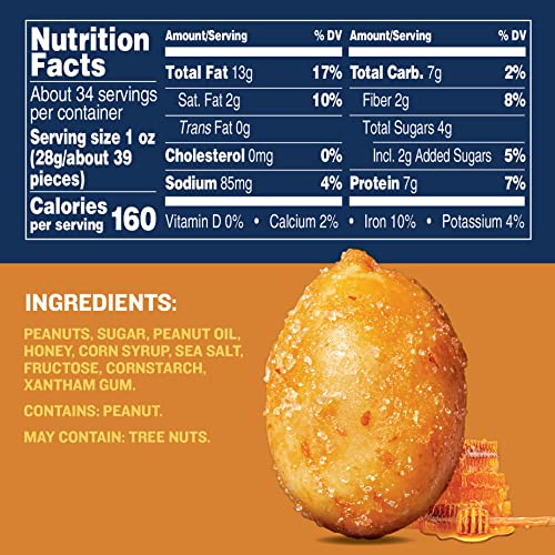 PLANTERS Honey Roasted Peanuts, Sweet and Salty Snacks, PlantBased