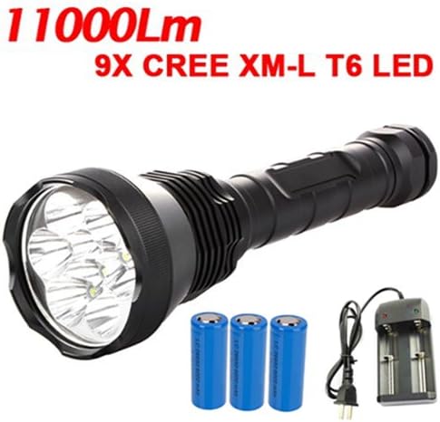 Ankong® Super Bright 9X CREE XM-L T6 LED 11000Lm LED Flashlight Torch and 3pcs 26650 Li-ion Rechargeable Battery + Charger