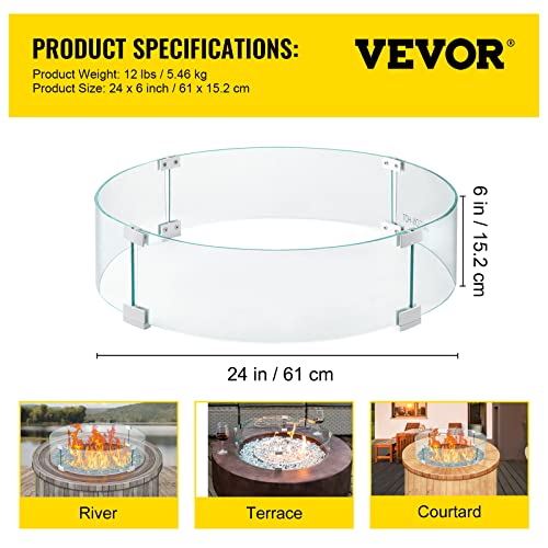VEVOR Fire Pit Wind Guard, 24 x 24 x 6 inch Glass Flame Guard, Round