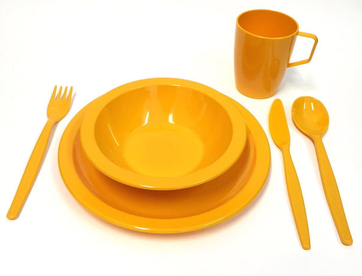 Harfield Yellow Camping Dining Tableware Set - Plate, Bowl, Beaker & Cutlery Reusable Durable Polycarbonate Plastic