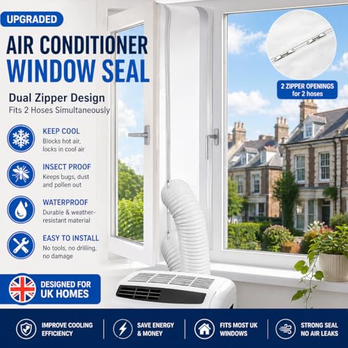 UtauHom AC Window Seal for Portable Air Conditioner & Tumble Dryer 400cm - Upgraded Dual Zippers & Non-Marking Adhesive, Hot Air Block Kit, Universal for Casement Windows