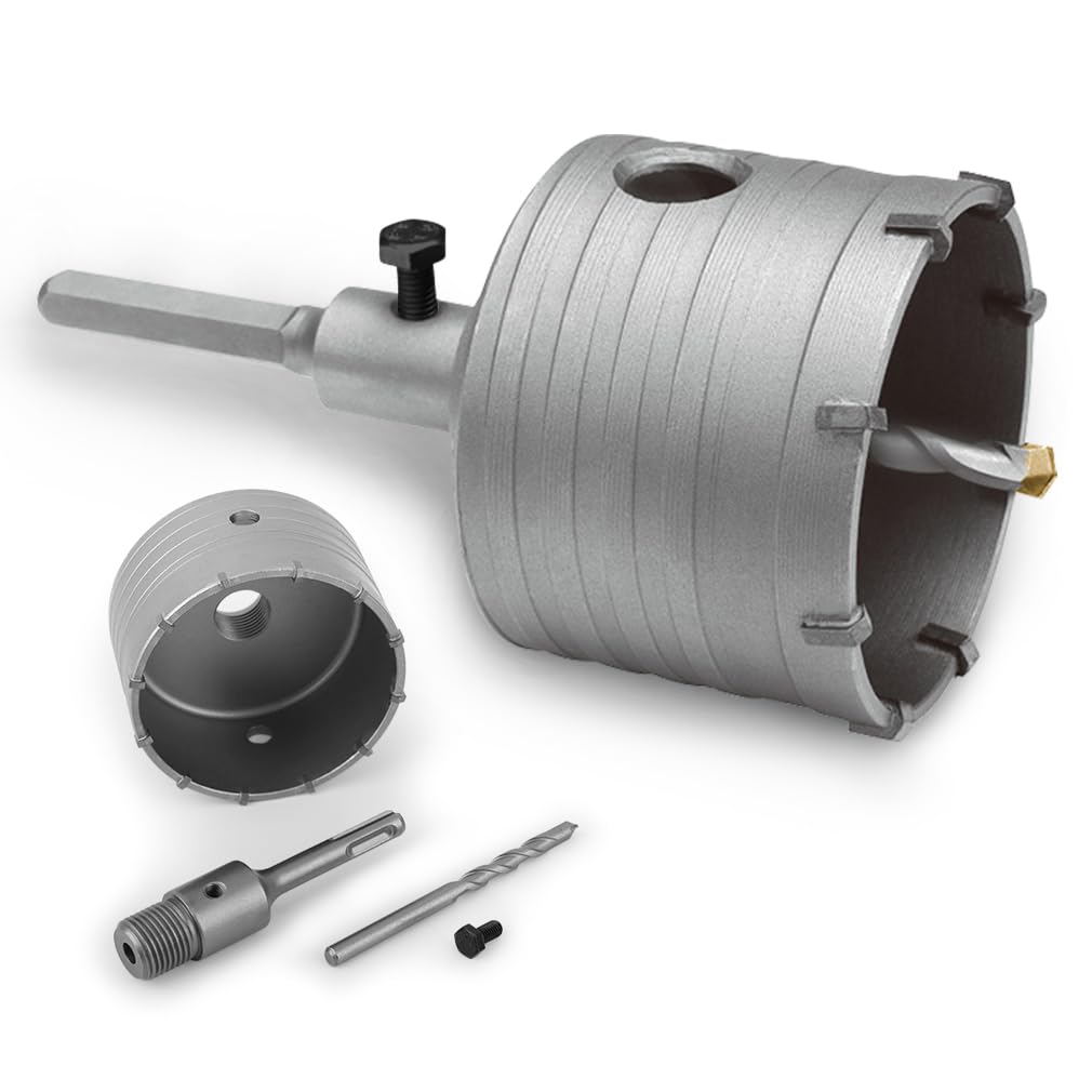 Cartlant 100mm Masonry Core Drill Bit, Carbide Hole Saw with 110mm SDS Plus Round Handle Rod Adapter, Brick Holesaw Kit Tungsten Tips Hammer Drill Saw Cutter for Concrete Cement Wall Stone