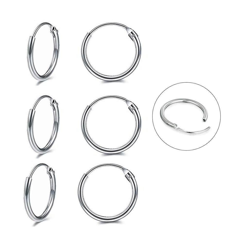 LYTOPTOP 3 Pairs Silver Hoops Earrings for Women S925 Sterling Silver Small Hypoallergenic Earrings Set Cartilage Nose Lip Rings for Men Girls, 12mm