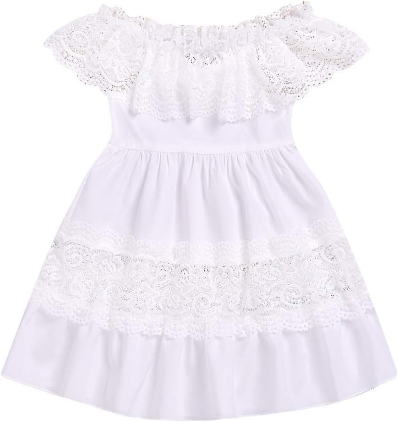 Baby Girls Lace Princess Dress Off Shoulder Hollow Ruffle Party White Dress Girl Summer Floral Beach Sundress
