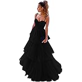 Tiered Prom Dresses for Women Ruffles Tulle Bow Back Long Formal Evening Party Ball Gowns