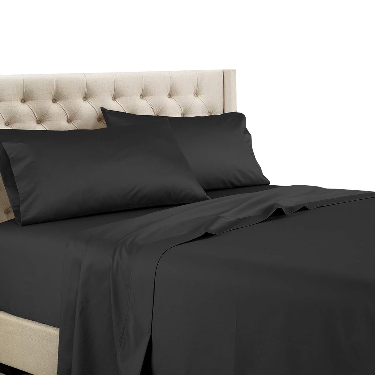 Royal Tradition Solid 600 Thread Count, 100-Percent Cotton Split King Sheets for Adjustable Beds (Black) Breathable, Deep Pocket, 5 Piece Sheet Set