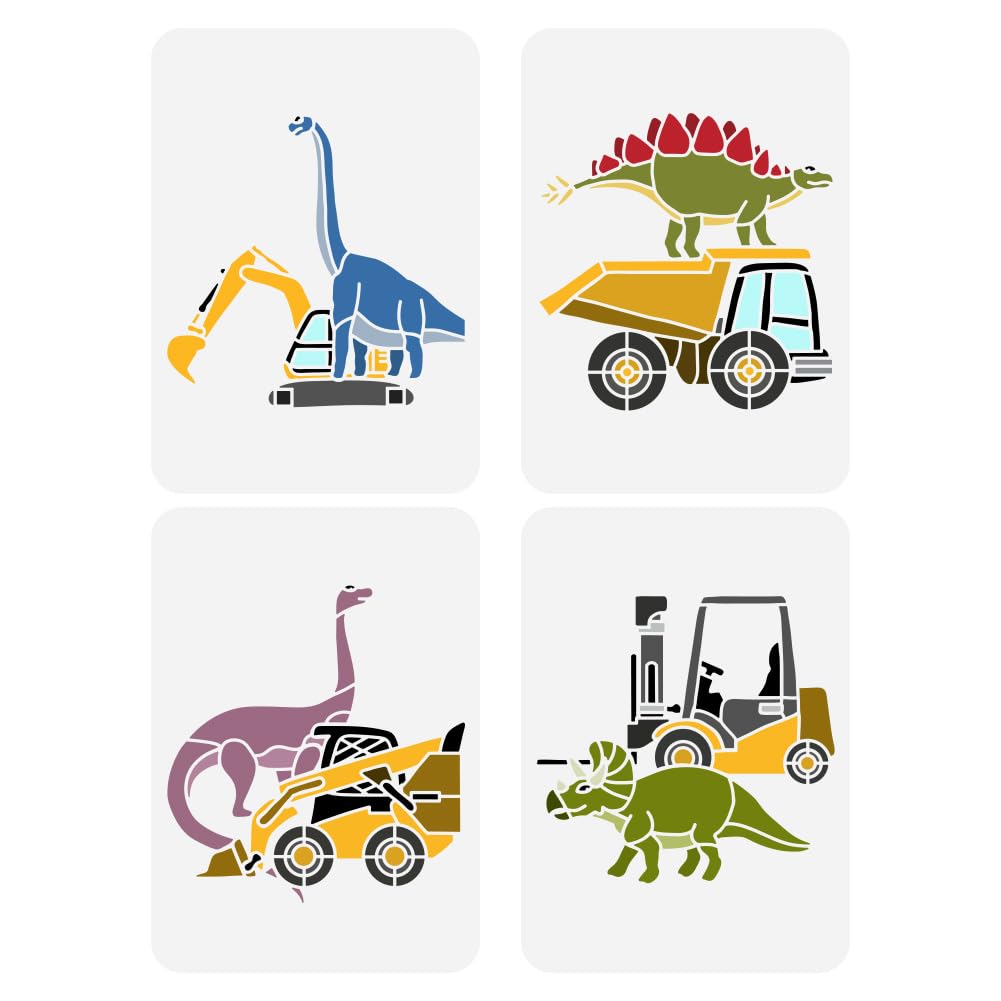 FINGERINSPIRE 4PCS Dinosaurs Construction Trucks Painting Stencil 21x29.7cm Dinosaur Engineering Vehicle Pattern Template Reusable Dinosaurs Stencil for Painting on Wood Wall Floor Furniture
