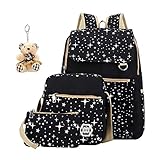 ABage Canvas School Backpack Set 3 Pieces Patterned Bookbag with Pencil Case for Girls and Boys, Black