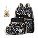 ABage Canvas School Backpack Set 3 Pieces Patterned Bookbag with Pencil Case for Girls and Boys, Black