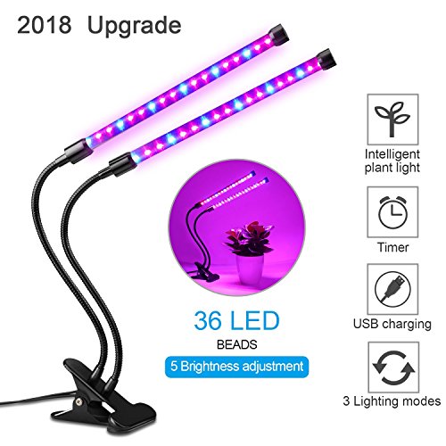 Timing Function Dual Head Grow Light, Balleen.E 36 LEDs Grow Lamp Bulb, 360&deg; Flexible, 3/6/12H Timer, 5 Dimmable Levels for Indoor Plants Hydroponics Greenhouse Gardening Plant [2018 Upgraded]