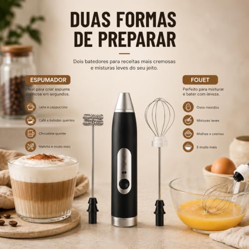 Mini Mixer Portátil USB Recarregável | Espumador de Leite e Café, Batedor de Ovos, Whey e Outras Bebidas, 3 Velocidades