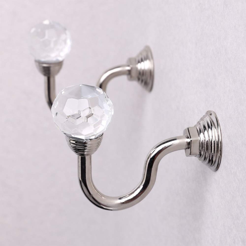 2 Pcs Glass Crystal Balls Deco Metal Curtain Holdbacks, Wall Mounted Windows Curtain Tie Backs Wall Hook Holder for Curtains, Coat, Umbrellas, Keys (Silver)
