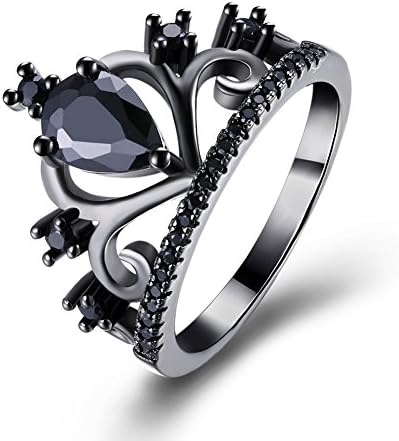 Haoze Luxury 18K Black Gold Plated Princess Crown Diamond Ring Wedding Engagement Band (Black, 8)