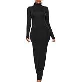 xxxiticat Women's Long Sleeve Turtleneck Dress Solid Casual Party Plain High Neck Long Maxi Basic Bodycon Pencil Dresses