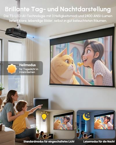 Daylight Projector 2400 ANSI Ultra HD 4K HDR10+ Smart Projector with 2026 Automatic Lens Cover, Auto Focus, HDMI eARC/CEC, WiFi6, Bluetooth5.4, 40W DB Audio for Home Cinema, Gaming, Ceiling Mounting