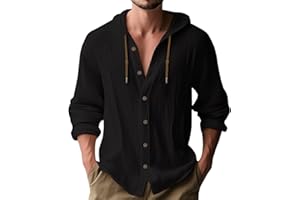 Men's Cotton Linen Hooded Shirt Long Sleeve Button Down Beach Tops Casual Hippie Boho Henley T-Shirts with Drawstring