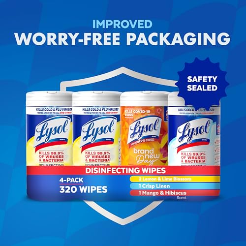 LYSOL DISINFECTING WIPES BUNDLE, HOME APARTMENT DORM ROOM ESSENTIALS AND CLEANING SUPPLIES, ALL PURPOSE CLEANER, MULTI-SURFACE CLEANING WIPES, MULTI-SCENT SANITIZING WIPES BUNDLE, 80 COUNT (4PK)