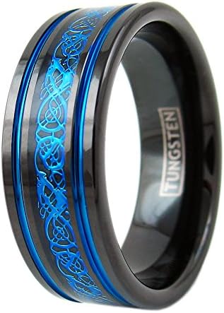Divine 8mm Black Tungsten Ring w Royal Blue Celtic Dragon Inlay Between Blue Stripes. Free Engraving (tungsten (8mm), 13)