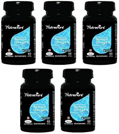 Nutree Pure Salmon Fish Oil (Omega 3) 1000mg, 60 Softgels (Burpless, Pure No GMO, All Natural Food Supplement, Most Effective Omega-3, Richest Source of EPA & DHA) Pack of 5