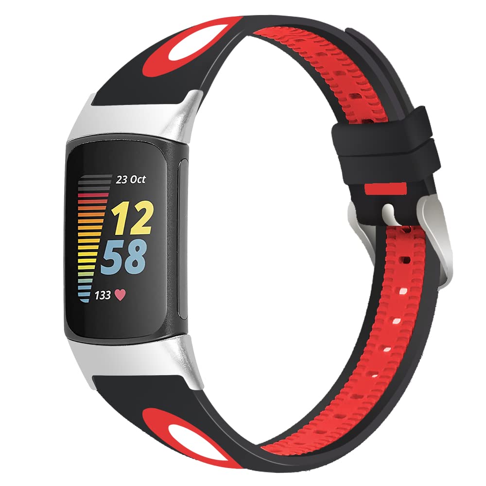 Gimuk Compatible with Fitbit Charge 5 Strap for Women Men, Adjustable Soft Silicone Sport Bands Replacement Strap Wristband for Charge 5 Activity Tracker (Black Red)