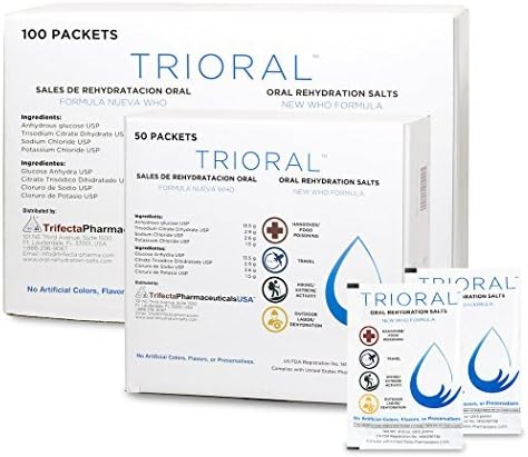 Oral Rehydration Salts ORS (100, One Liter Packets/Box) World Health Organization (WHO) New Formula for Food Poisoning, Hangovers, Diarrhea, Electrolyte Replacement by Trifecta Pharmaceuticals USA