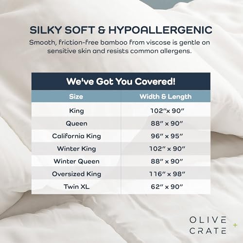 Olive + Crate Cooling Down Alternative Comforter - Hypoallergenic Queen Size Duvet Insert Lightweight - All Seasons Plush Design Bamboo Comforter - 100% Bamboo Viscose Outer Cover - White 88"x90"