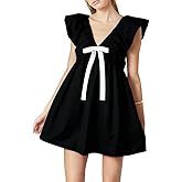 Leyajedol Women Y2K Bow Tie Mini Dress Ruffle Flowy Babydoll Dress Bowknot Flutter Sleeve Valentine Going Out Dresses