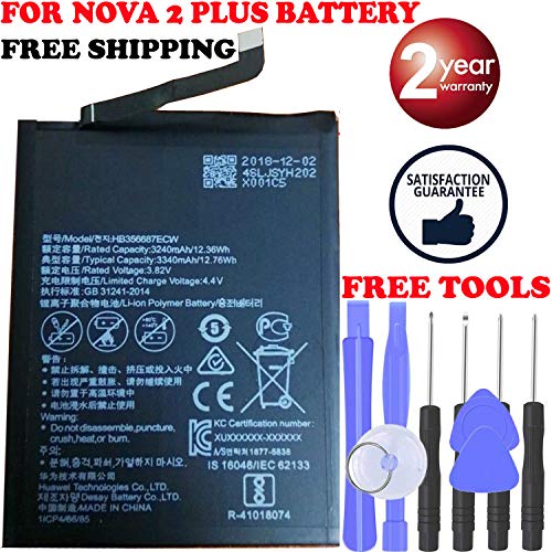 New Battery Replacement Compatible for Nova 2 Plus BAC-TL00 BAC-AL00 BAC-L03 L23 HB356687ECW 3340mAh + Free Tools