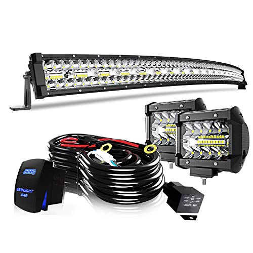 52″ LED Light Bar Curved DakRide Triple Row 975W Flood Spot Combo Beam Off Road Lights 2pc 4inch 60W Spot Driving Fog Lights with Rocker Switch Harness Wiring for Trucks ATV UTV Jeep Boat Pickup