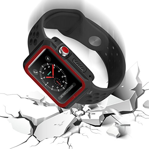 Apple Watch Case, iitee 42mm Rugged Slim Protective iWatch Case for Apple Watch Series 3/2/1 – Polycarbonate + Soft TPU Bumper (Black/Red)