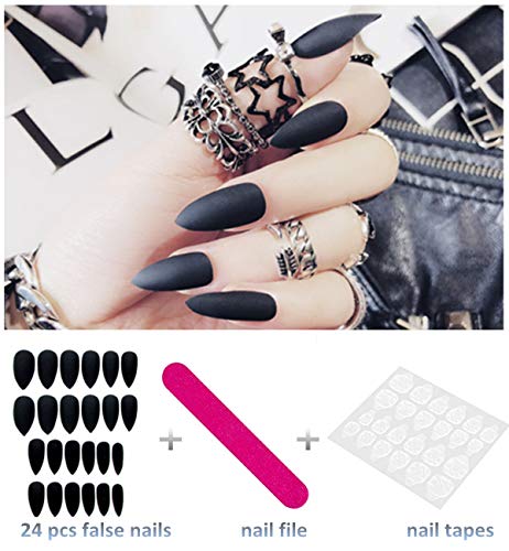 editTime 24PCS Solid Colors Acrylic Stiletto False Nails Full Cover Fake Nails Tips Natural Long Claw Nails (Matte black)