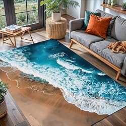 White Teal Blue Waves Ocean Beach Theme Area Rug