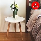STNDRD. Mid-Century Modern End Table: Perfect Bedside Nightstand or Living Room Side/Accent Table - White Round Tabletop & 3 Bamboo Legs [2-Pack]