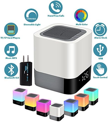 Portable Wireless Bluetooth Speaker, Touch Sensor Bedside Night Light 48 Color LED Lamp, Digital Alarm Clock, MP3 Music Player with USB Power Supply for Kitchen, Bedroom, Office, Dorm or Outdoors