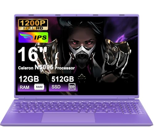 NOTODD Laptop 16'' 12+512GB SSD Support Extension 2TB (HDD-2TB) Celeron N5095 (up to 2.9GHz) 1920x1200 PC Laptop Gamer Win11 Laptop with Type-C HDMI AZERTY Keyboard Cover-Purple