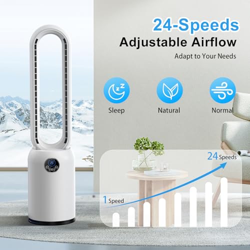 Bladeless Tower Fan, 90CM Tower Fan with Remote & LED Display, 24 Speeds & 12H Timer 90° Oscillating Pedestal Fan Cooling Bladeless Fan, Low Noise Standing Fan for Indoor, Bedroom, Home, Office