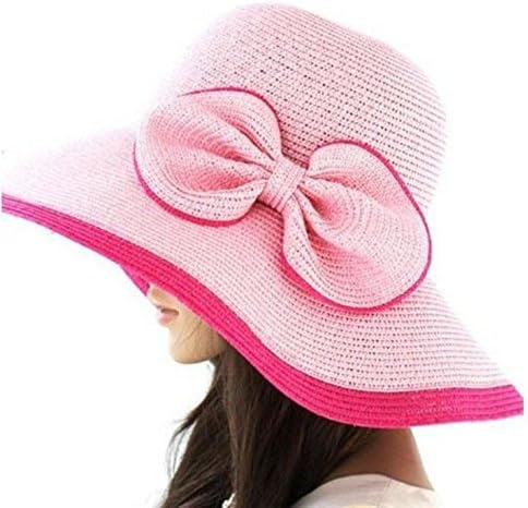 Great Girls Favorite Color Large Bow Large Brimmed Hat / Beach Hat Pink Day