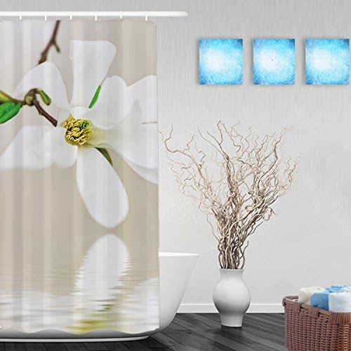 Nature Scenery Bathroom Shower Cutains Design With Blooming Magnolia Tree With White Flowers Water Reflection Waterproof Mildew Fade Resistant Polyester Fabric 36"X72"Inch