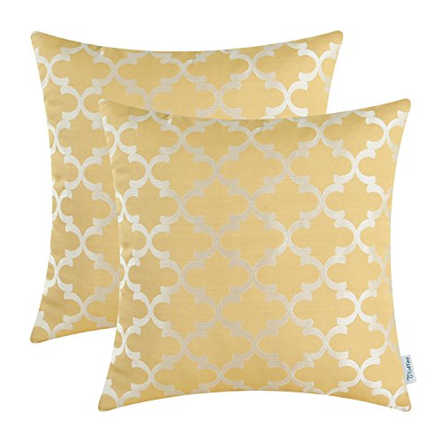 Pack of 2 CaliTime Throw Pillow Covers 18 X 18 Inches Both Sides, Quatrefoil Accent Geometric, Gold
