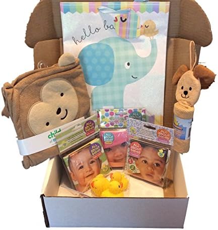 Memorable Gifts Baby Shower Bath Gift Set - Hooded Bath Towel, Animal Washcloth, Rubber Ducks, Waterproof Bath Books, Gift Bag,Tag and Tissue Paper