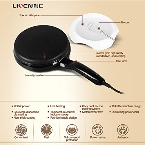 Liven Electric Crepe Maker with Non-Stick Coating and Automatic Temperature Control for Perfect Crepes, Blintzes, Pancakes, Bacon, 8 Inch Diameter 120V BC-11