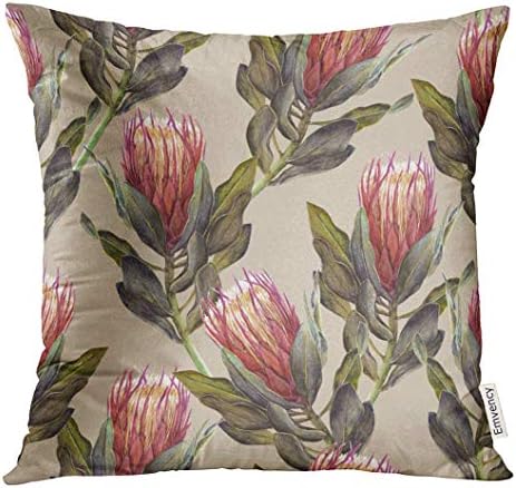 Cupsbags Throw Pillow Cover Colorful Tropical Pink Protea Flower Watercolor Design on Beige Green Australia Australian Decorative Pillow Case Home Decor Square 18x18 Inches Pillowcase