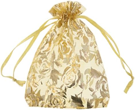 SumDirect 100pcs 3 1/2 x 4 7/10 inch Gold Rose Drawstring Organza Bags, Jewelry Favor Pouches for Gift Wedding Party Festival